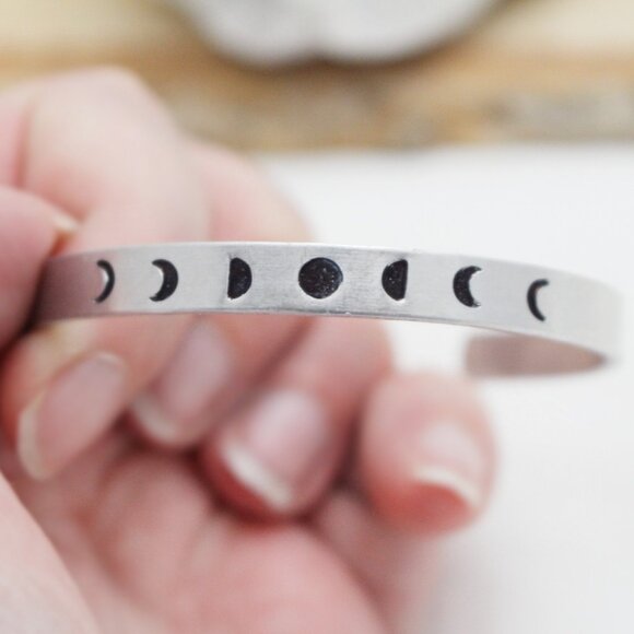 Moon Phases Bangle - Hand Stamped Anodized Aluminum Bangle - Adjustable - Picture 5 of 11
